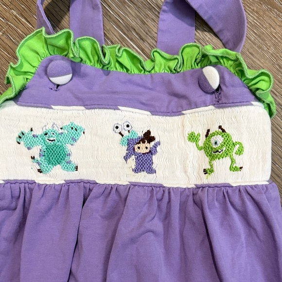 Monsters Inc Smocked Purple Romper - Picture 3 of 4